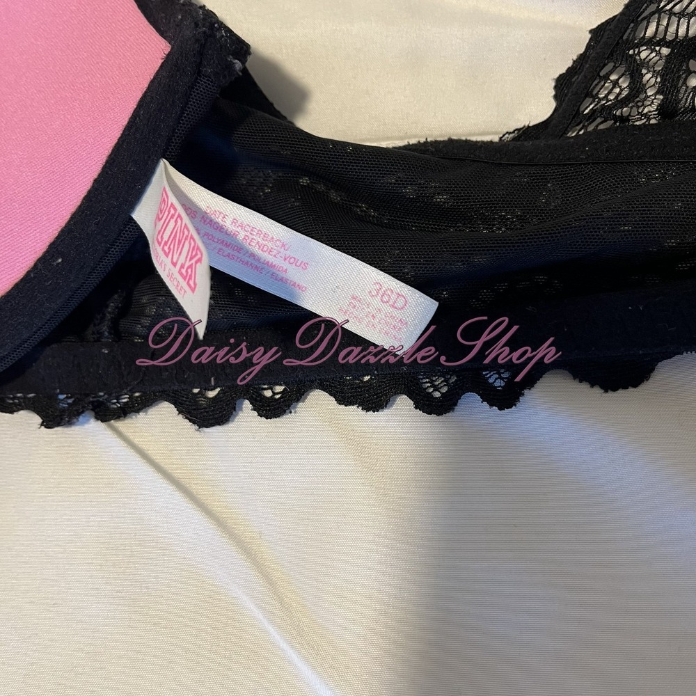 Victorias Secret PINK Date Push Up Bra Bralette Black Lace Racerback Bra 36 D - Picture 8 of 10